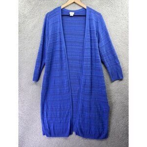 Chicos Sweater Large 2 Open Duster Long Cardigan Blue Embroidery Boho Beach L